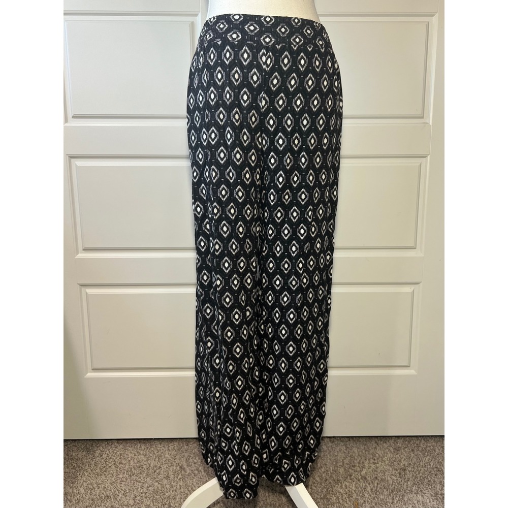 JOE B Flowy Soft Black White Diamond Geometric Wide Leg Boho Rayon Pants Medium